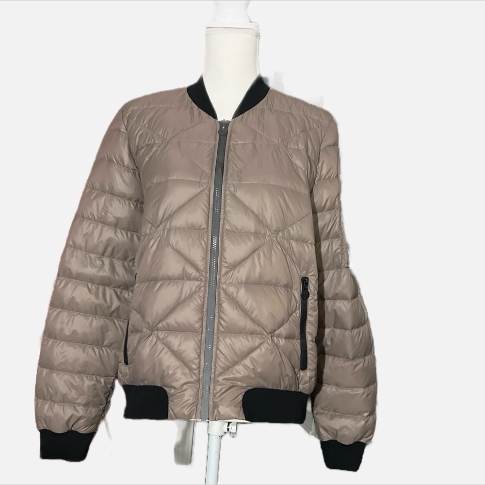 Bernardo Beige Quilted Bomber Jacket with Black Trim